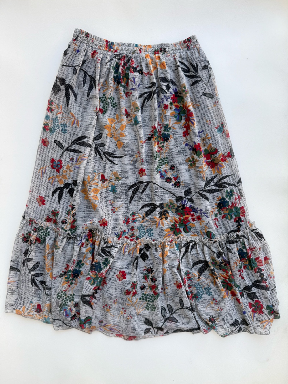 Floral Midi A-Line Skirt Grey Elastic Waist With Ruching Size M Made In Türkiye